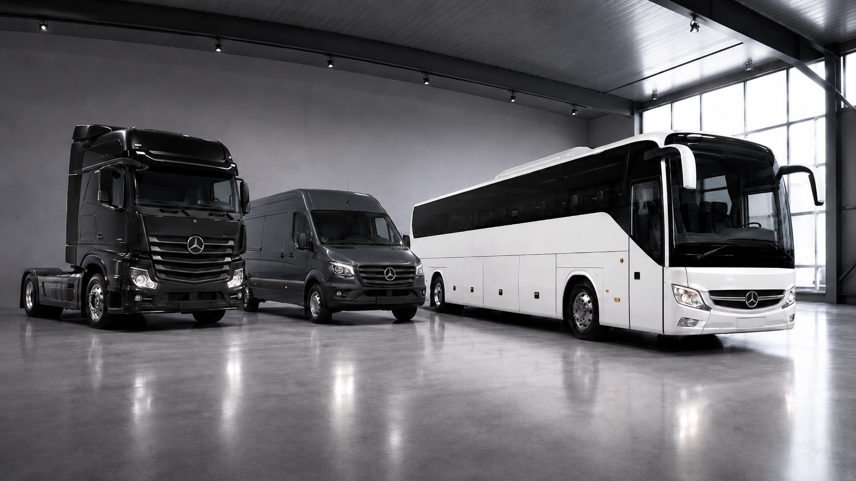 Mercedes-Benz Actros, Sprinter und Reisebus in einer hellen Fahrzeughalle