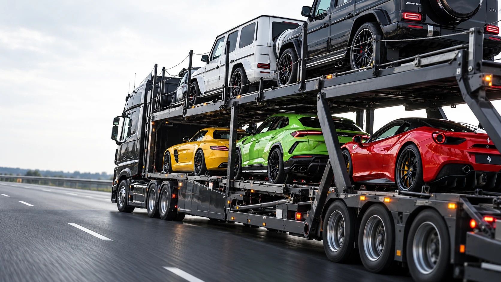 Autotransporter mit Sportwagen und Geländewagen auf der Autobahn