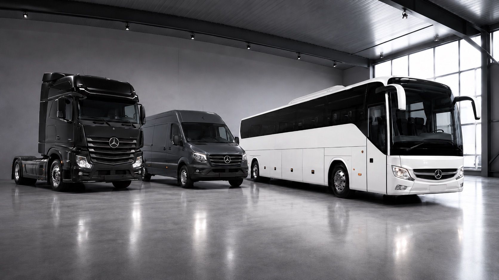 Mercedes-Benz Actros, Sprinter und Reisebus in einer hellen Fahrzeughalle